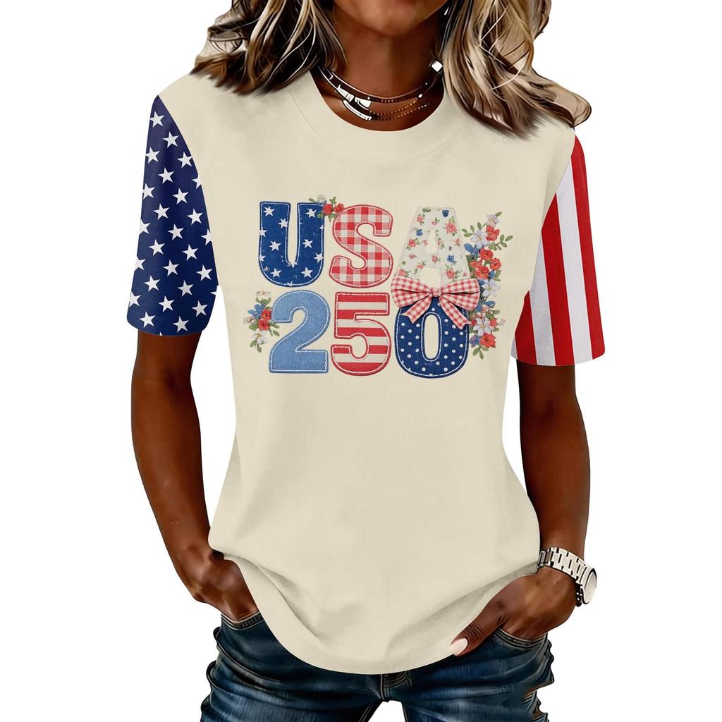 Blusa Feminina da Moda Casual de Manga Curta com Estampa e Gola Redonda