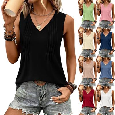Mouwloze V-hals Geplooide Tanktop voor Dames Zomer Lichtgewicht Ontspannen Pasvorm Blouse Casual Los Shirt voor Dagelijks Gebruik
