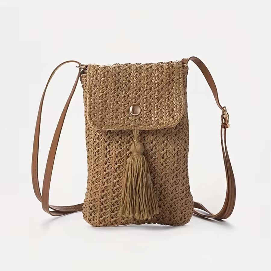 Straw Beach Bag Women Holiday Mobile Phe Shouder Bag Summer Tassel Mini Crossbody Bag for Lady Gril Travel Bohemian Style Sac