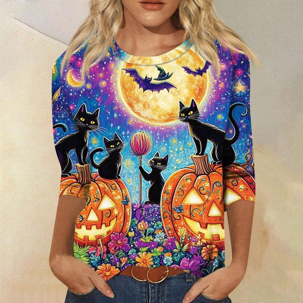 Women's Fashion Casual Three-quarter Sleeve Halloween Printed Round Neck Top