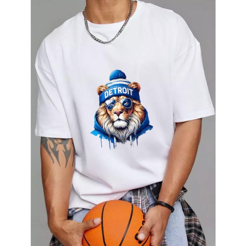 Crewneck T Shirt White Lion Wearing Detroit Hat and Sunglasses Streetwear Urban Fashion Casual Wear