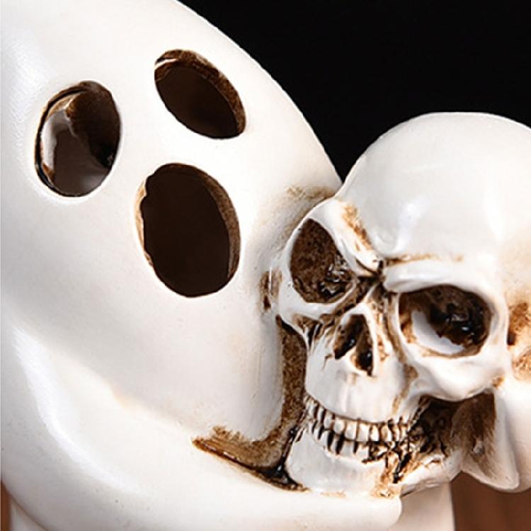 Eerie Halloween Figurine Depicting a Spirit Cradling a Skull, White Decoration with Antiqued Brown Features for Parties and Bar Displays