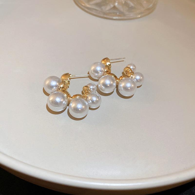 Silver Needle Geometric Pearl Ring Earrings French Premium Temperament Stud Earrings New Versatile Light Luxury Earrings Women