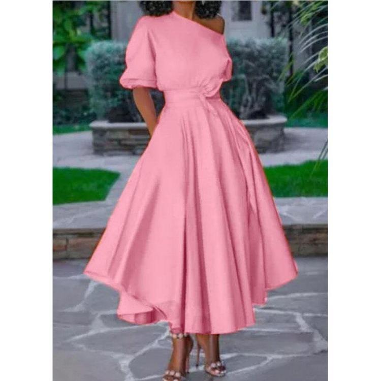 Summer Women One Shoulder Tie Waist Slimming Midi Dress S розовый