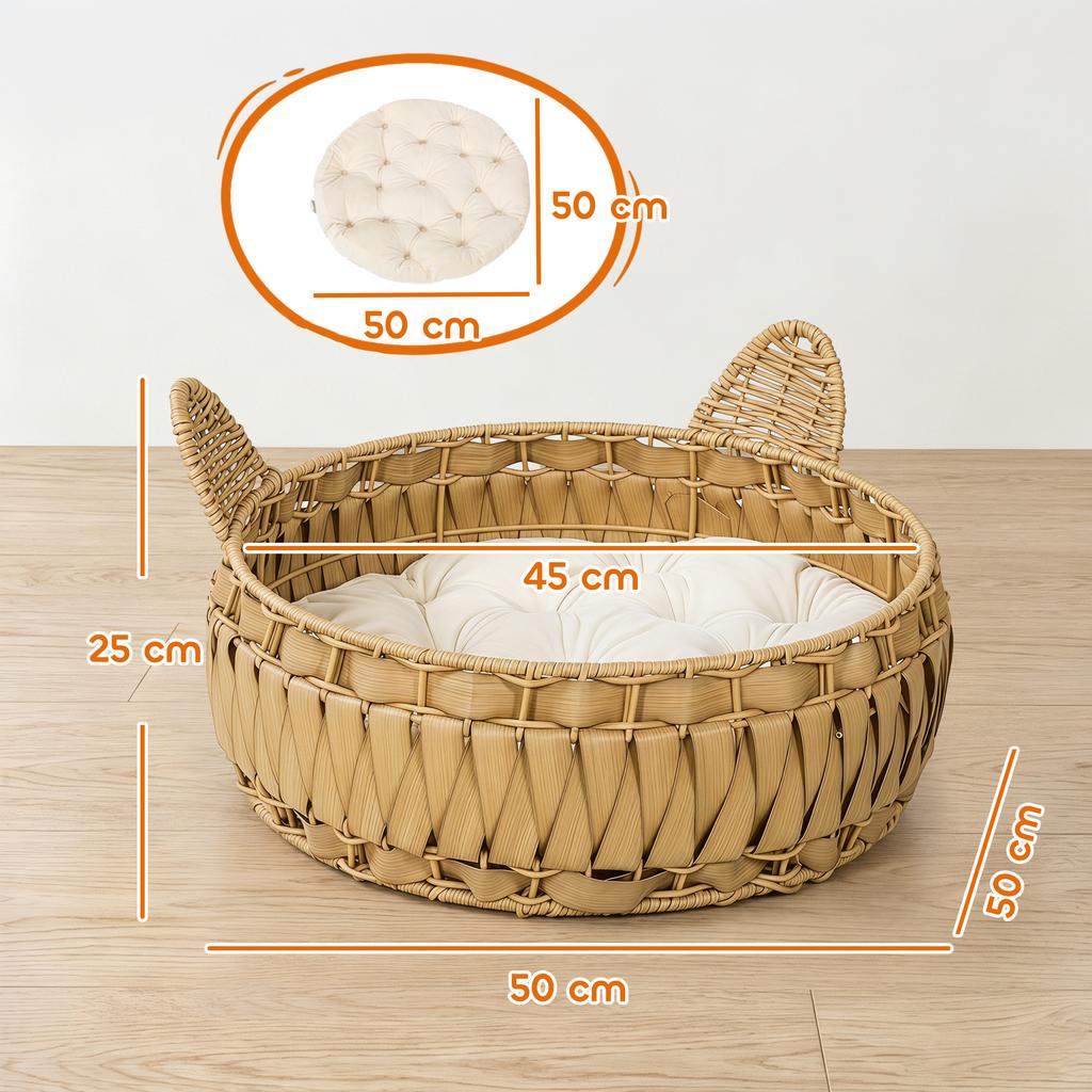 Cat Bed Rattan Cat Cave with Removable Cushion, Cat Basket for Cats Up To 10 Kg, 50 X 50 X 25 Cm, Light Brown