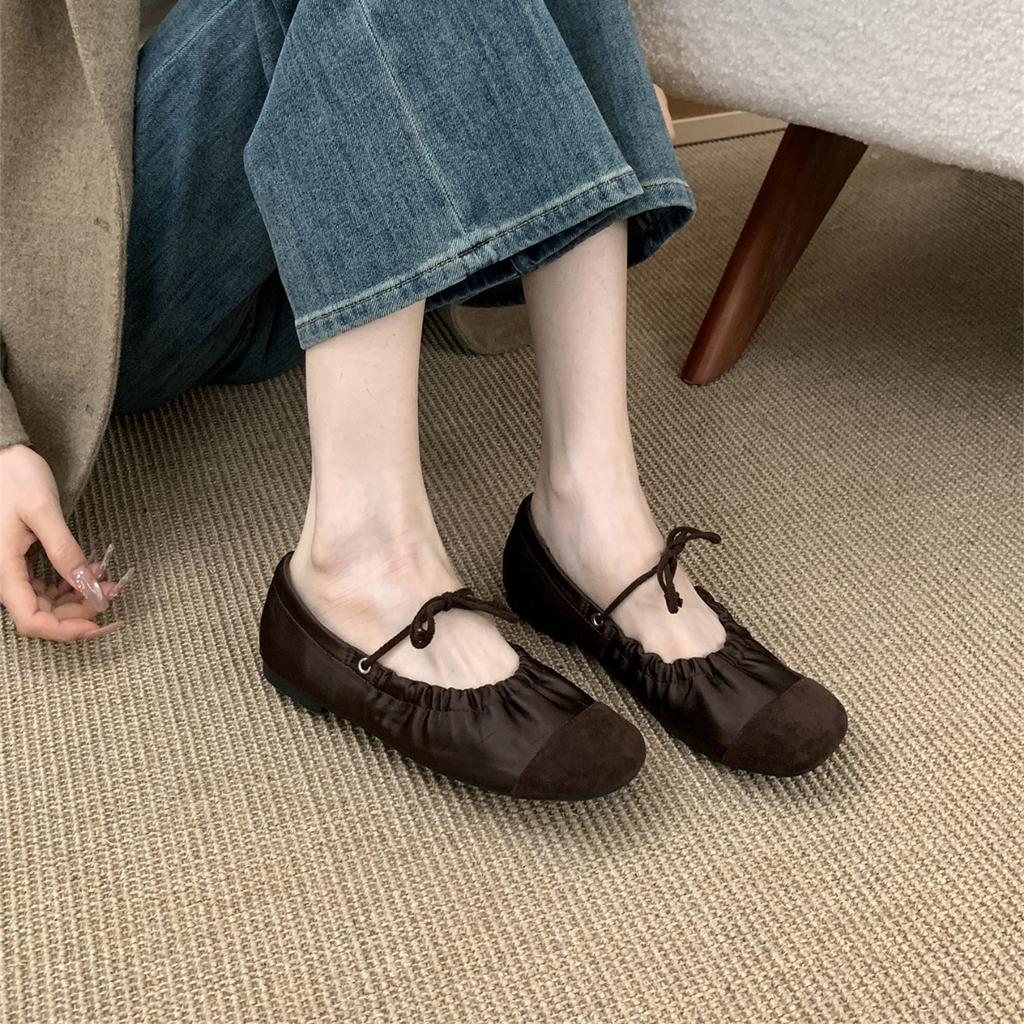 French retro pleated lace-up flat Mary Jane shoes shallow mouth single shoes women's evening wind round head one pedal ballet shoes