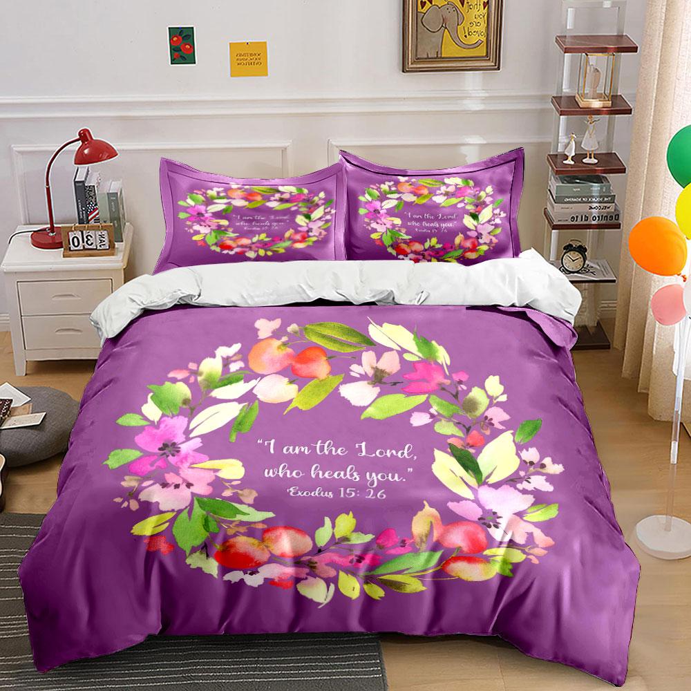 Floral Scripture Art for Inspiration Kid's and Adults' Bedroom Decor, Exquisite Three-piece Bedding Set Gift