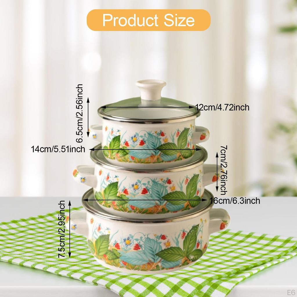 3 Enamel Pots with Handles And Lids for Soups Stews Beans Induction Gas Household Kitchen