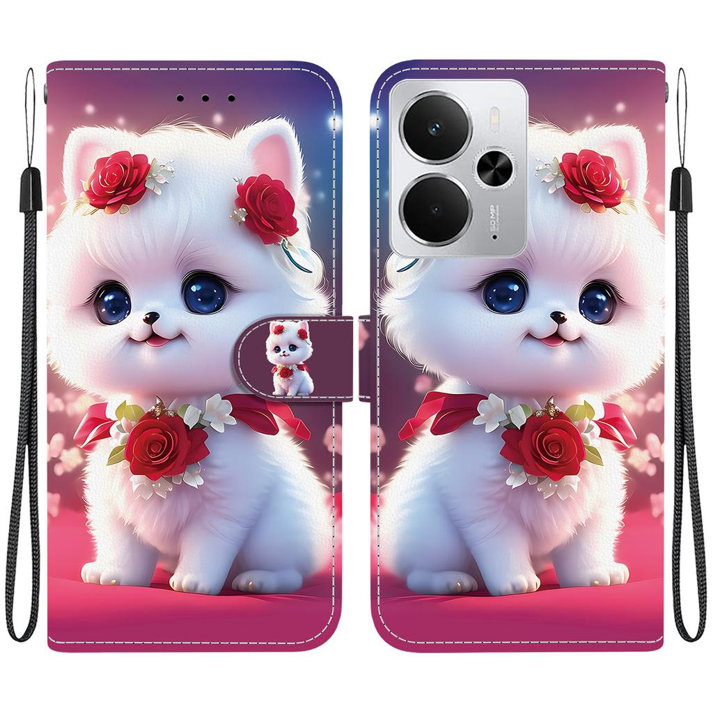 Ręcznie robione etui z klapką z PU skóry dla Realme 14, antypoślizgowe, wstrząsoodporne etui z paskiem na nadgarstek i wzorami serca/róży/kota