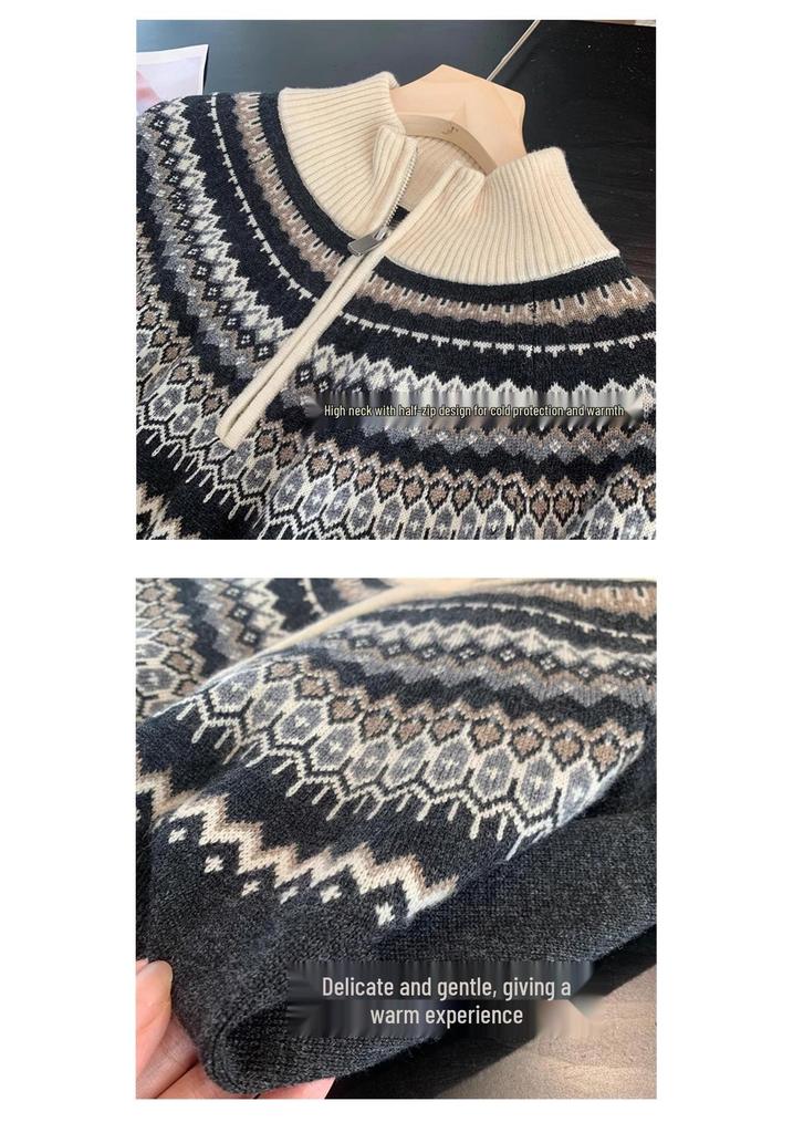 Women's Retro Jacquard Cashmere Sweater Coat with Fair Isle Collar, 2025 Autumn/Winter Zipper Design