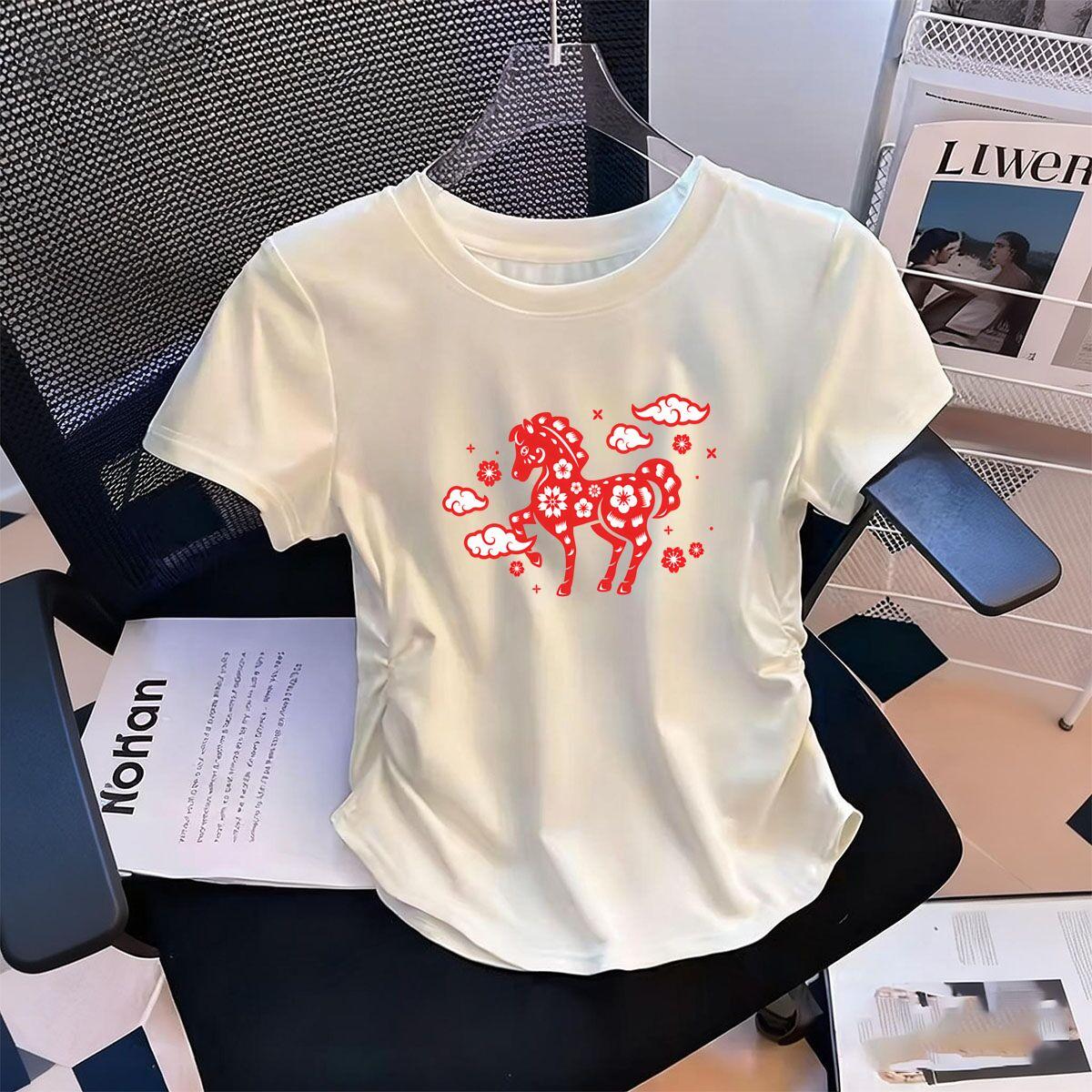 

Womens WaistDefining Elastic T Shirt Auspicious Clouds Horses printed Short Sleeve Round Neck top tee Harajuku tshirts S
