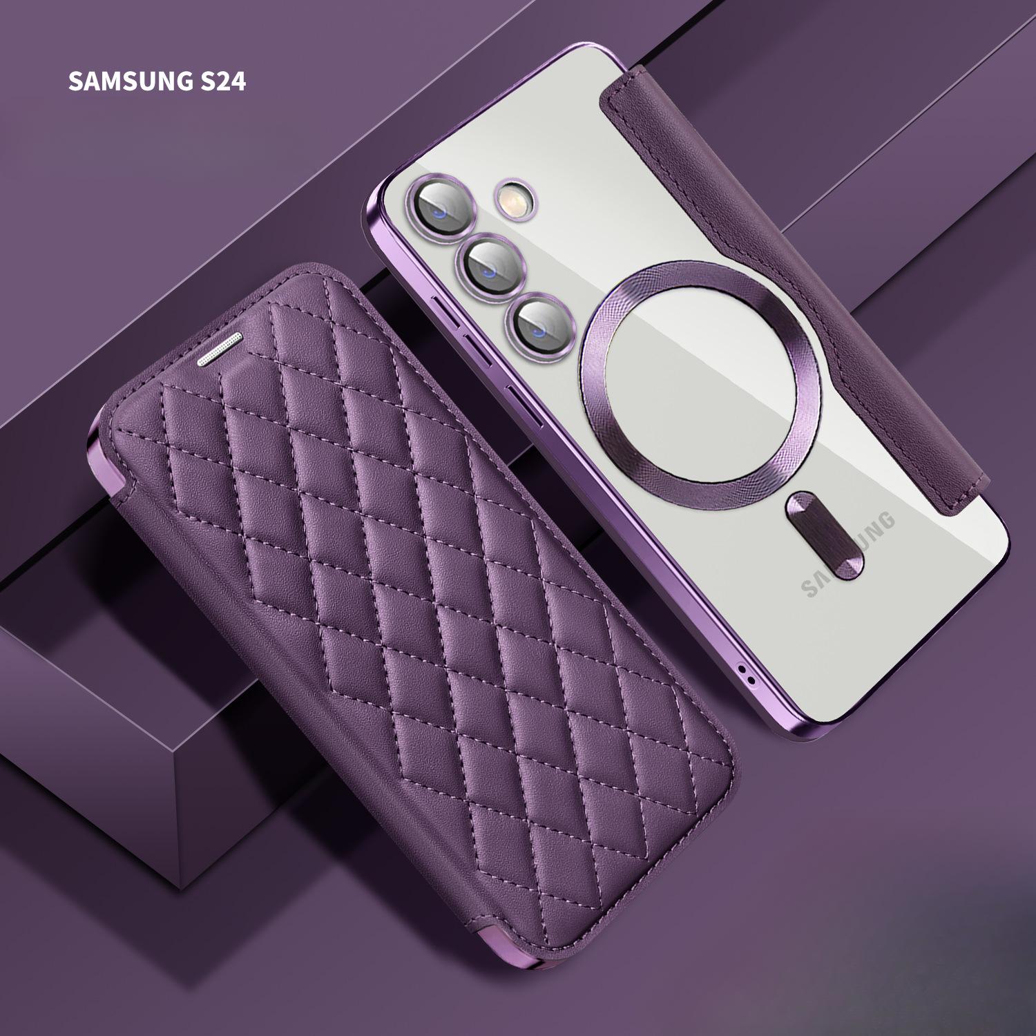 

Чехол-книжка из кожи с магнитным покрытием для Samsung S24U/S23Fe/S22 +/A05S с гальваническим покрытием A05S темно-фиолетового