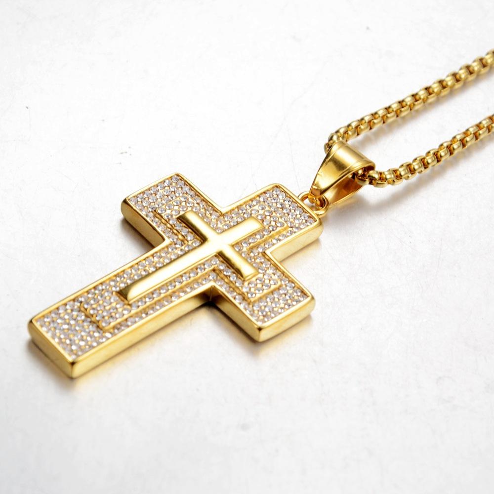 Religious Fashion Iced Out Bling Jesus Cross Pendant Male Gold Color Stainless Steel Christian Big Necklace for Men Jewelry Gift