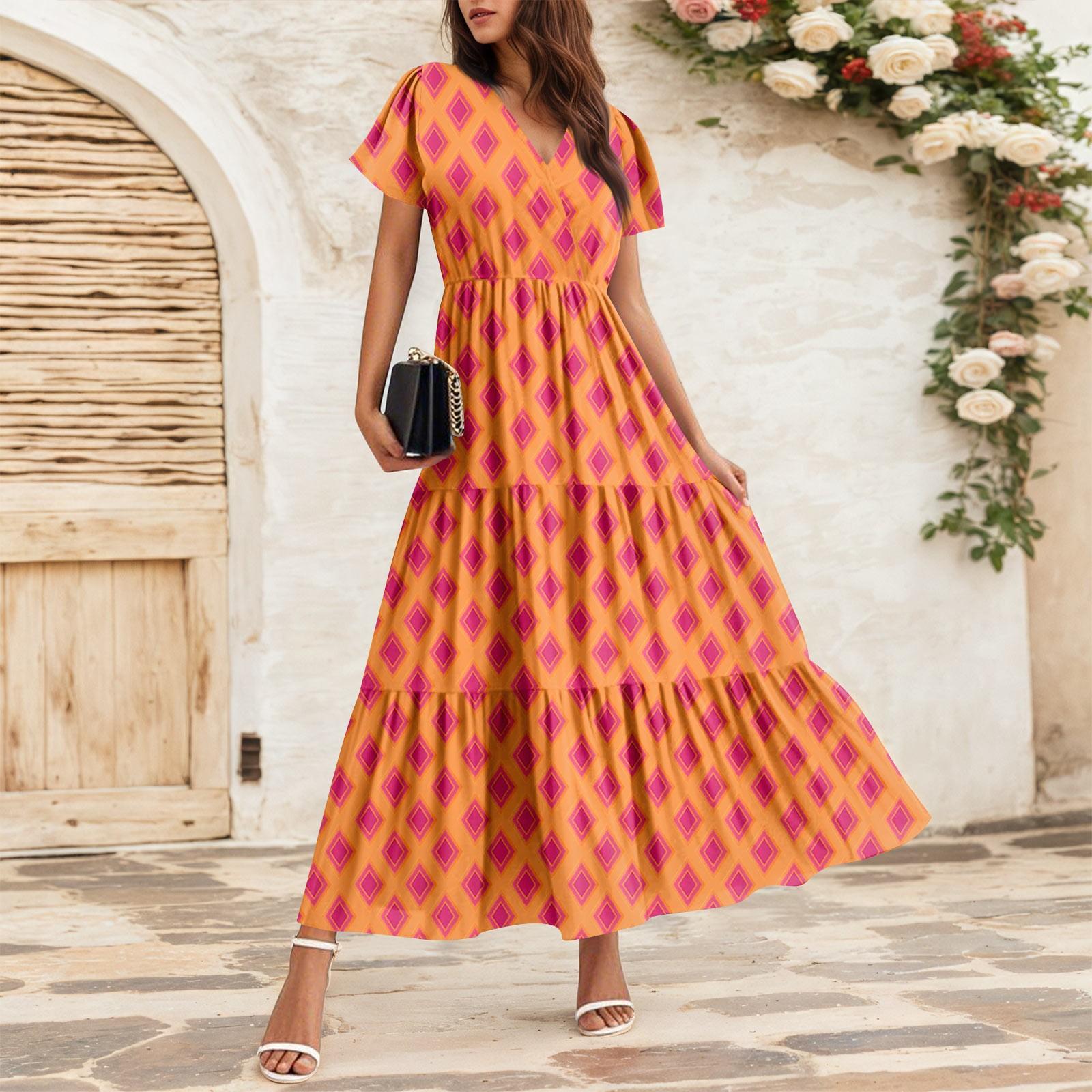 

Женские струящиеся платья Женские летние платья Повседневные платья макси с коротким рукавом Официальные платья макси L оранжевый