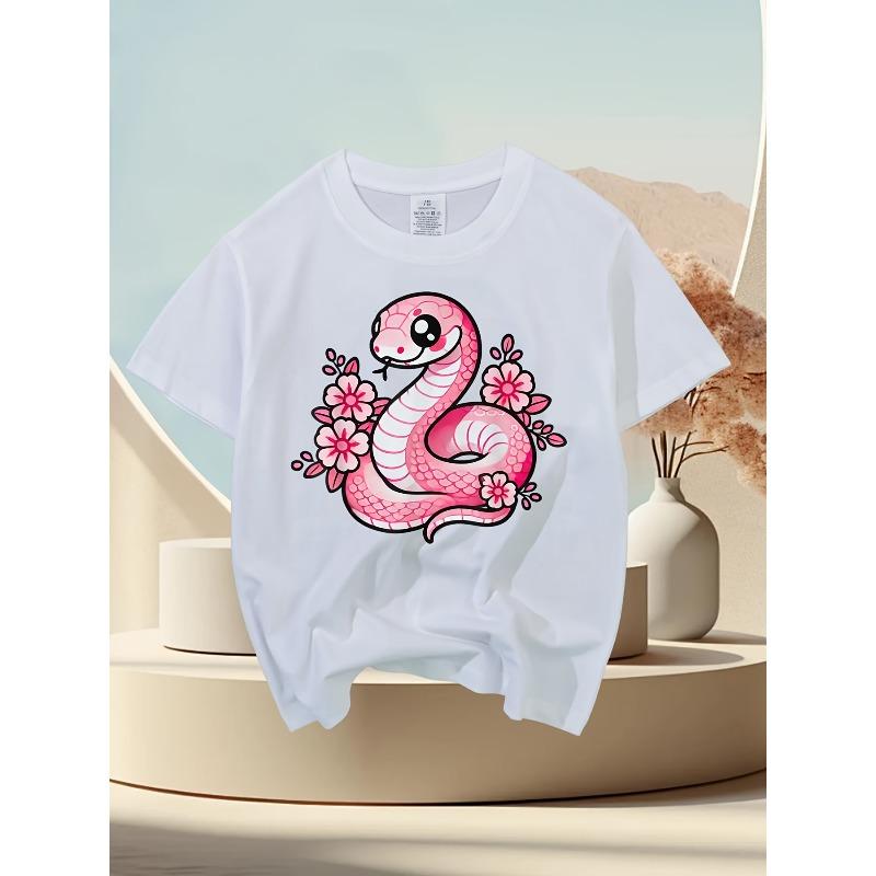 European Sizes Kawaii Pink Snake and Flowers Year of Snake Funny Awesome Graphic Kid T-Shirt | Casual Streetwear Tees Tops for Kids