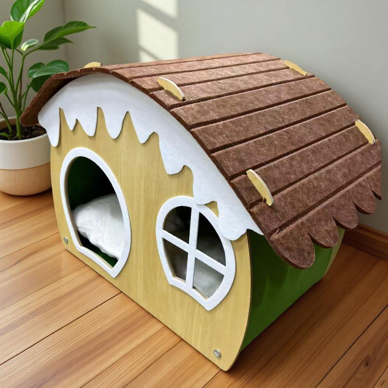 Thickened Warm Closed Wooden Felt Cat House Indoor Security Sleeping Cat Nest