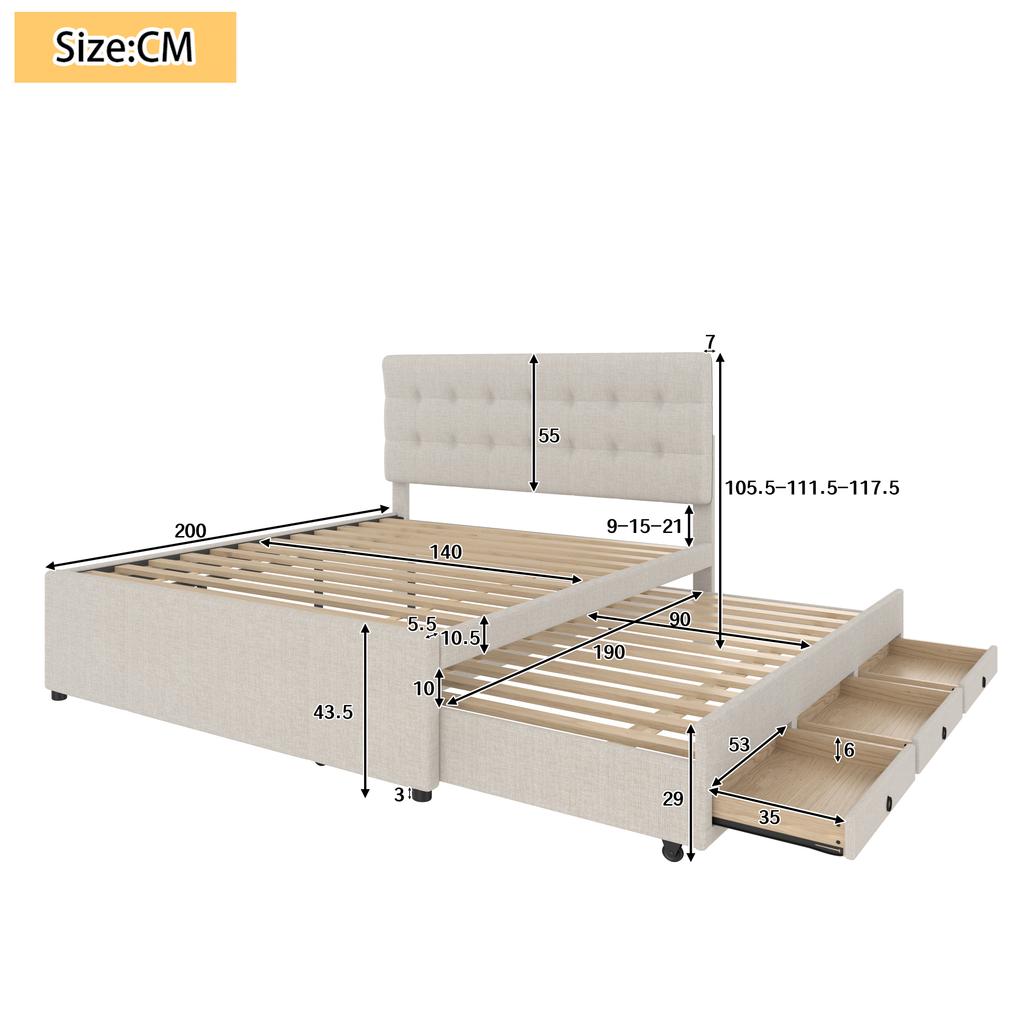 (=WX000502AAA) Polsterbett, 140x200cm, Doppelbett mit drei Schubladen, Ausziehbett, Verstellbares Kopfteil, Ohne Matratze, Beige