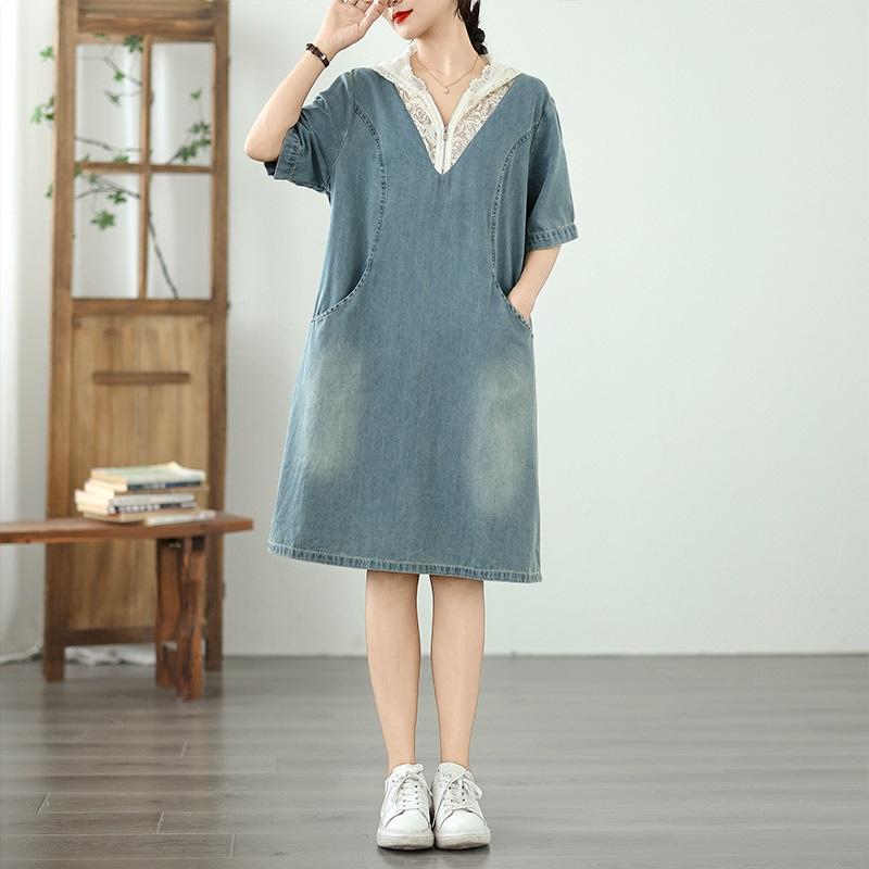 Rochie midi de vară casual largă cu mânecă scurtă, mărime plus, denim dantelă vintage, nou în rochii pentru femei
