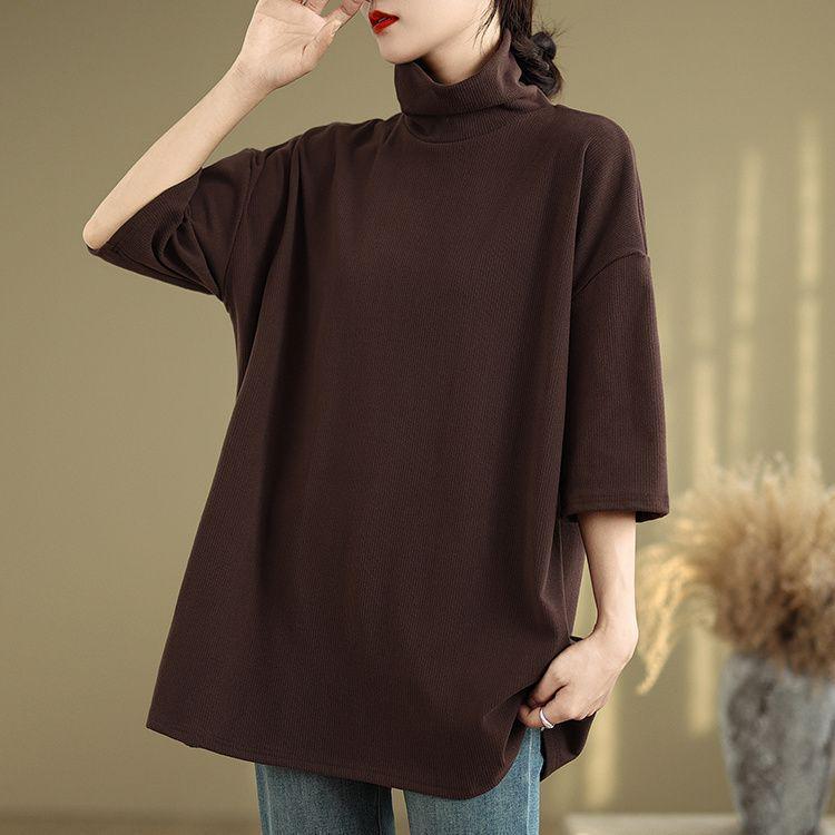Plus Size Artistic Retro High Neck Short Sleeve Women's T-Shirt - Autumn 2025 Collection, Loose Slimming Fit, Regular Shoulder Base Layer