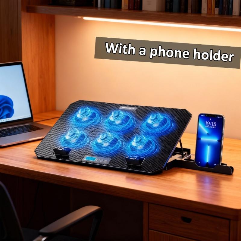 6 Quiet Fan Laptop Cooling Lighting Adjustable Foldable Laptop Cooling Pad LED Light Fan with 2 USB Port Phone Holder