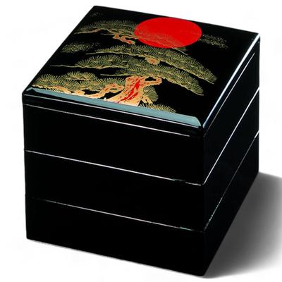 J-kitchens Lacquerware 3-Tiered Jubako Box, 6.5 Inches, Houtoku Hinode Matsu (Sunrise Pine) Design, 19cm, Resin, Made In Japan