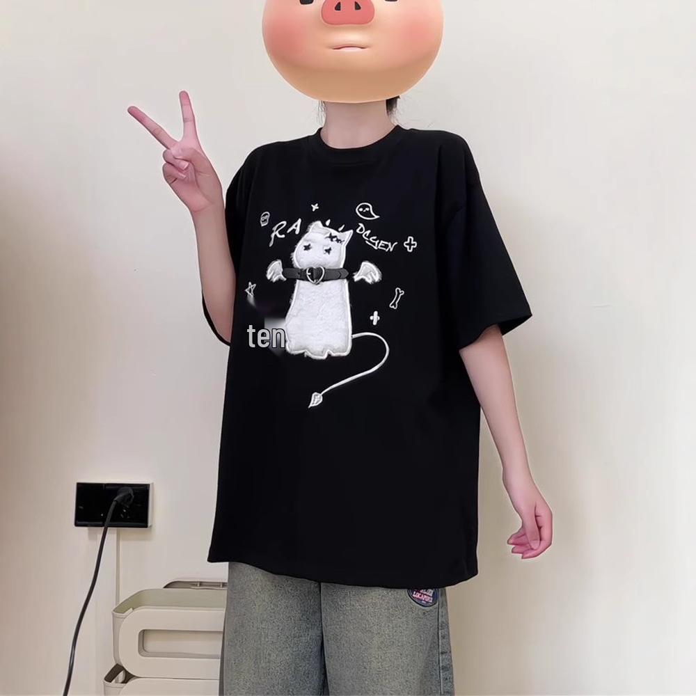 2025 Summer Girlish Kitten Print Loose Cotton Short Sleeve Women's T-shirt