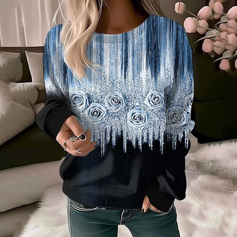 Flower Pattern Print Women's T-Shirt Long Sleeve Autumn O Neck Lady Clothes Tops Oversized Harajuku Streetwear Female Tees