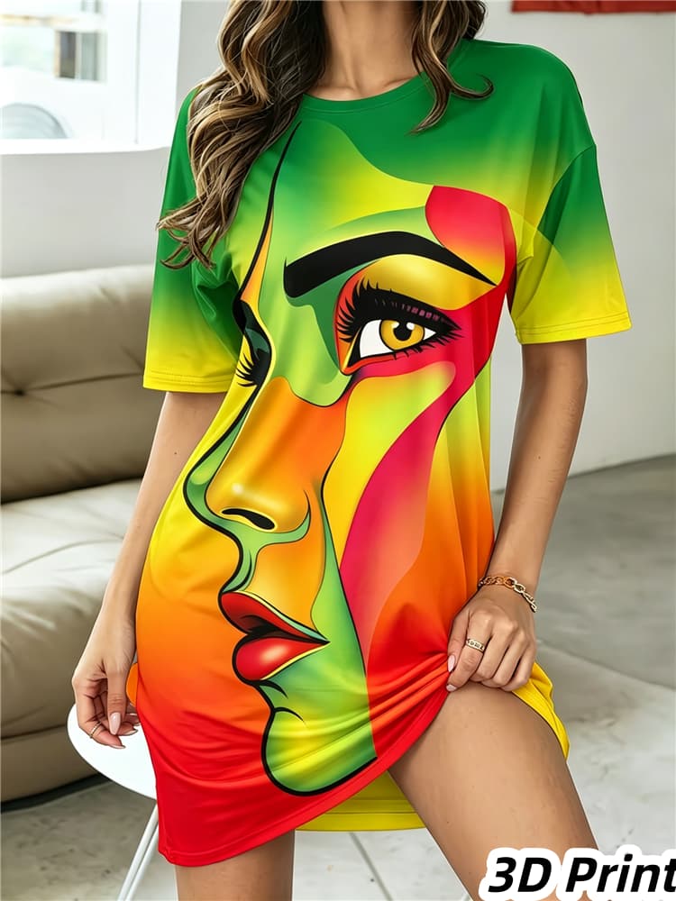 Modisches 3D-Druck Sommerkleid Locker Lässig Kurzarm Rundhals Minikleid