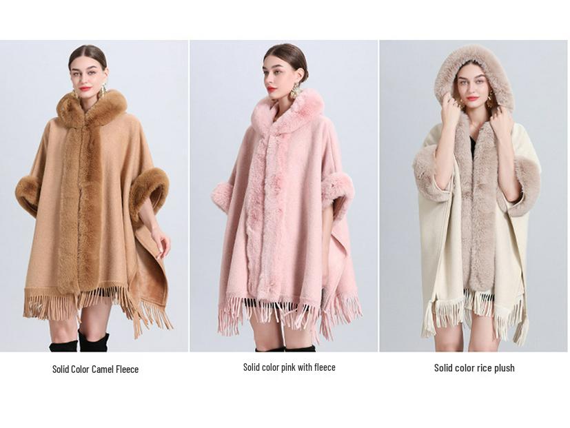 869# Women's Plaid Fleece-Lined Knitted Shawl Cape with Thick Fur Collar