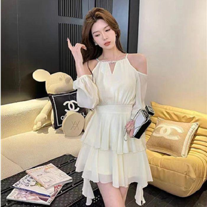 French neck off-the-shoulder chiffon dress, fairy spring and summer temperament, advanced sense, seaside vacation, beach skirt S