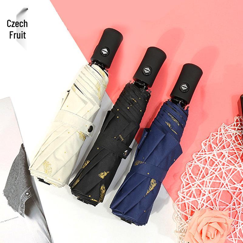 Feather Weatherproof Three-Fold Automatic Umbrella with Creative Black Glue Sunscreen Parasol.