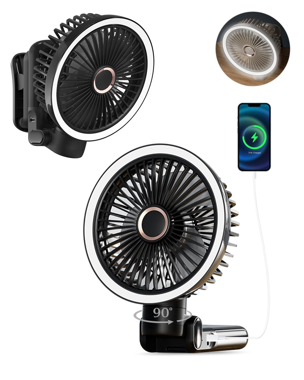 

New for Handheld Fan with Night Automatic Oscillating 4 Wind Speed 5400mAh Desk for and Outdoor Use 2025 Ultra-Quiet Light, Function, Settings, чорний