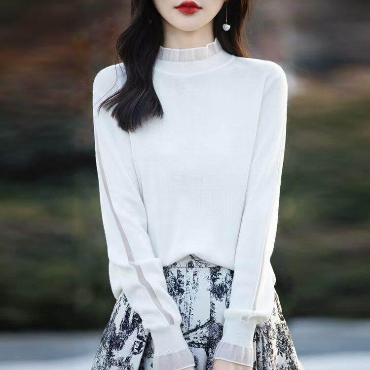 

2025 Autumn/Winter Women s Lace Trim High Neck Wool Sweater - Versatile & Warm Medium белый