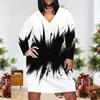 Women Plus Size V Neck Long Sleeve Black White Printed Fitted Straight Midi Dress