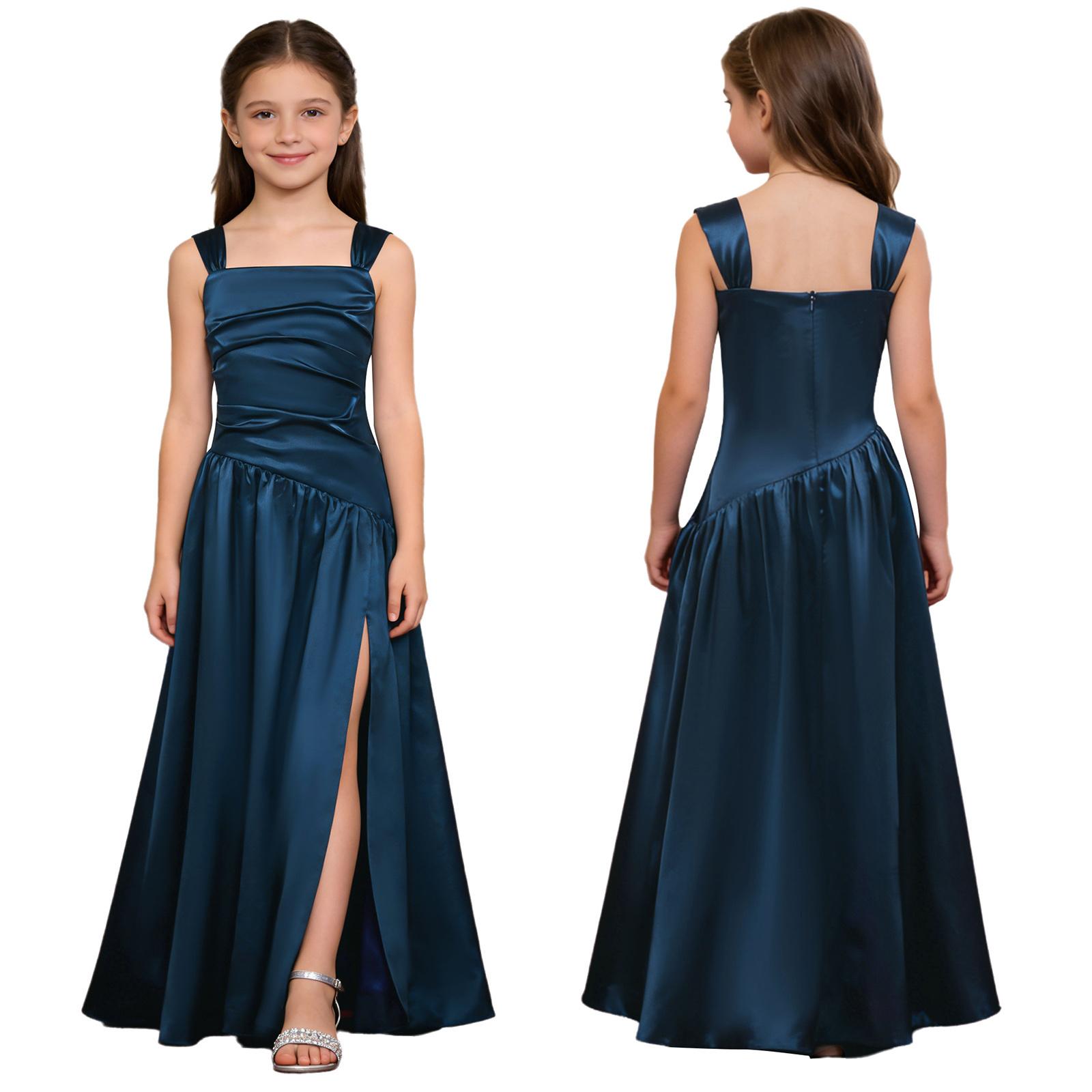 Elegantes Satin-Kleid für Mädchen Ärmellos Raffinierter Oberteil Asymmetrischer Drop-Waist A-Linie Seitenschlitz für Taufe Hochzeit Party 9-10 Years beige