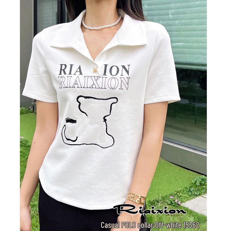 

White Printed Polo Collar Short Sleeve Women s Summer T-Shirt L (for 95-105 catties)