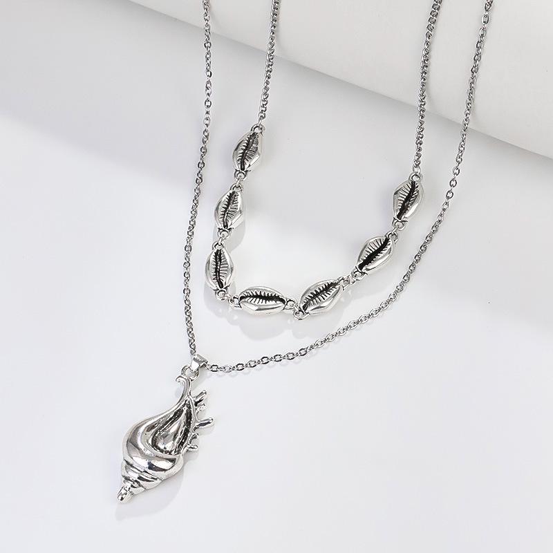 Layered Double-Layer Necklace: Summer Vacation Style with Shell, Starfish, and Conch Pendants