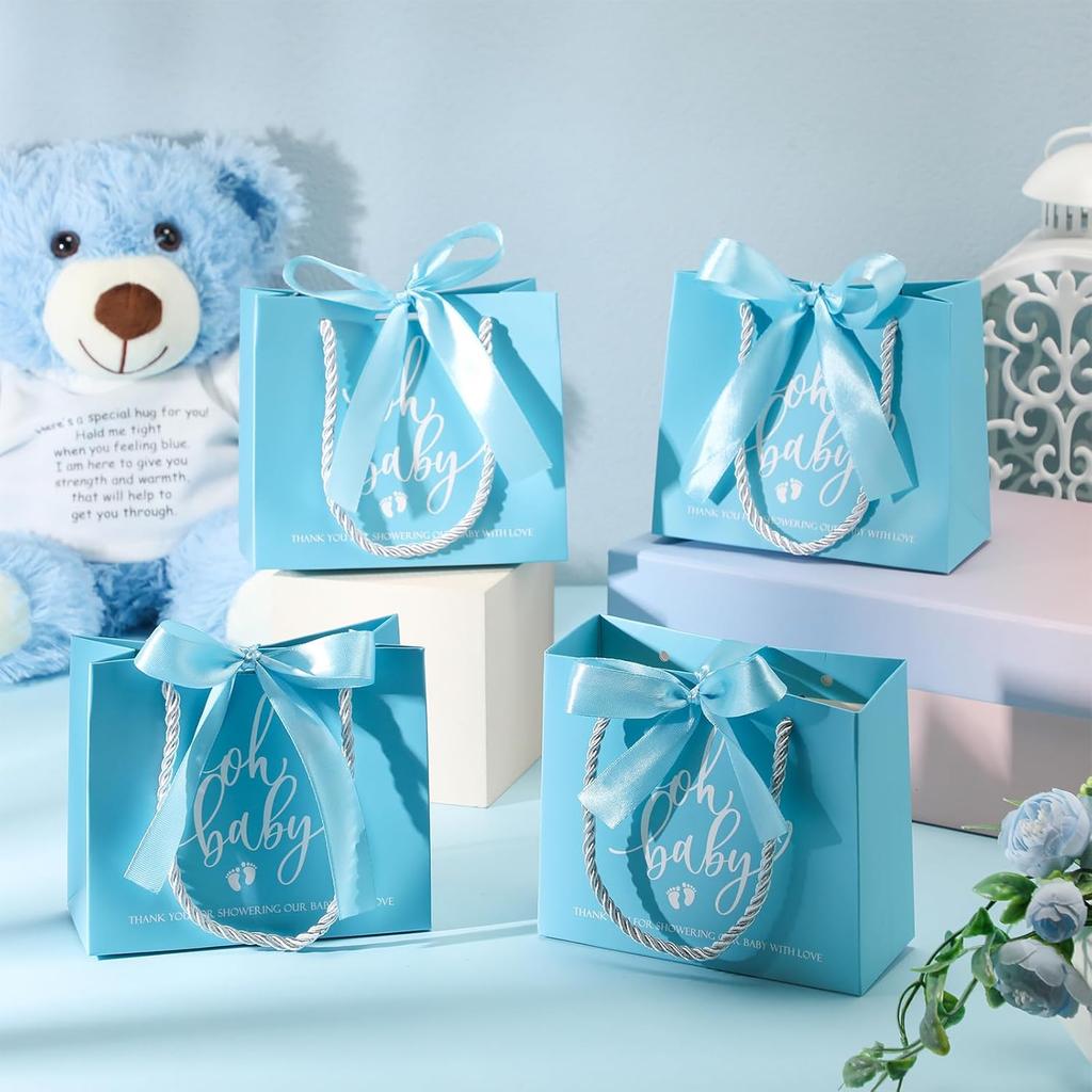 Spakon 25 Packs Baby Shower Favors for Guests Oh Baby Gifts Bag with Handles Paper Goodie Gift Bags with Ribbon for Newborn Gender Reveal