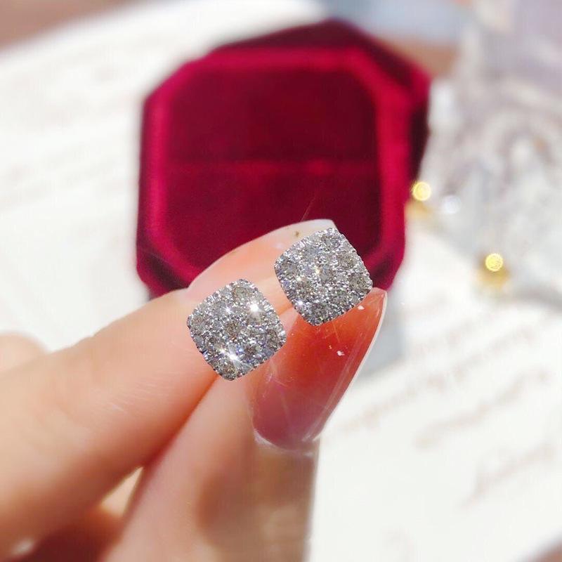 Full Paved Cushion Square Cluster Stud Earrings Women Sparkling Ear Jewelry