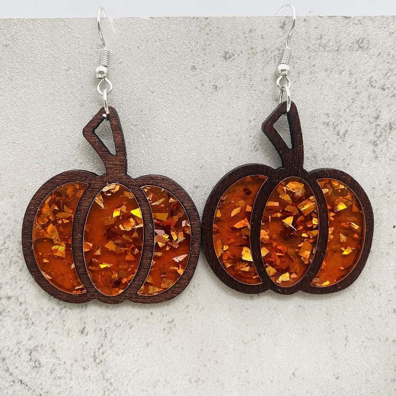 New Autumn Thanksgiving Earrings Halloween Pumpkin Wooden Inlaid Acrylic Glitter Earrings Jewelry For Women Gifts