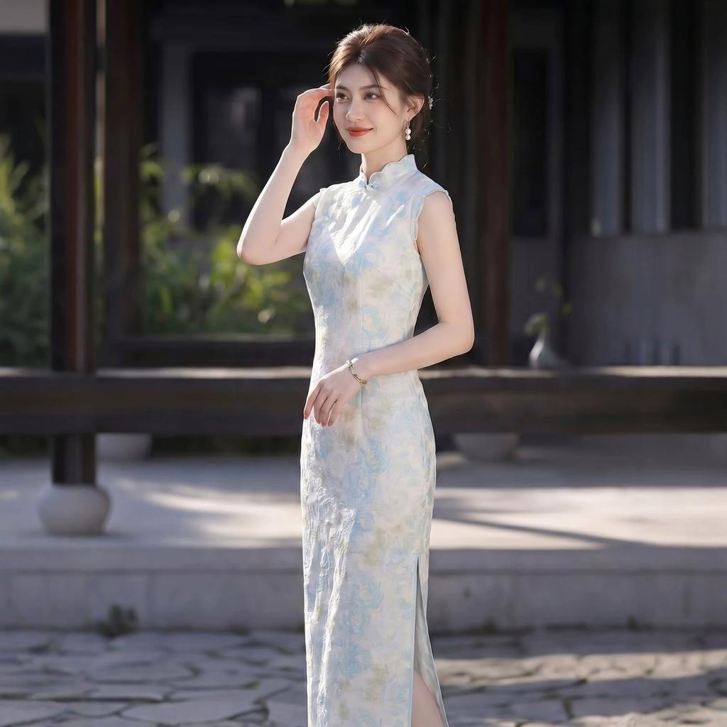 New Chinese style national style blue cheongsam 1011 new sleeveless young daily temperament thin waist long dress