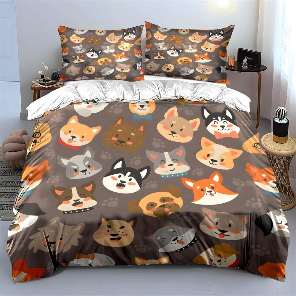Cute Cartoon Dog Faces Pattern Bedding Duvet Cover Set (1*Duvet Cover 2*Pillowcases, without duvet insert)