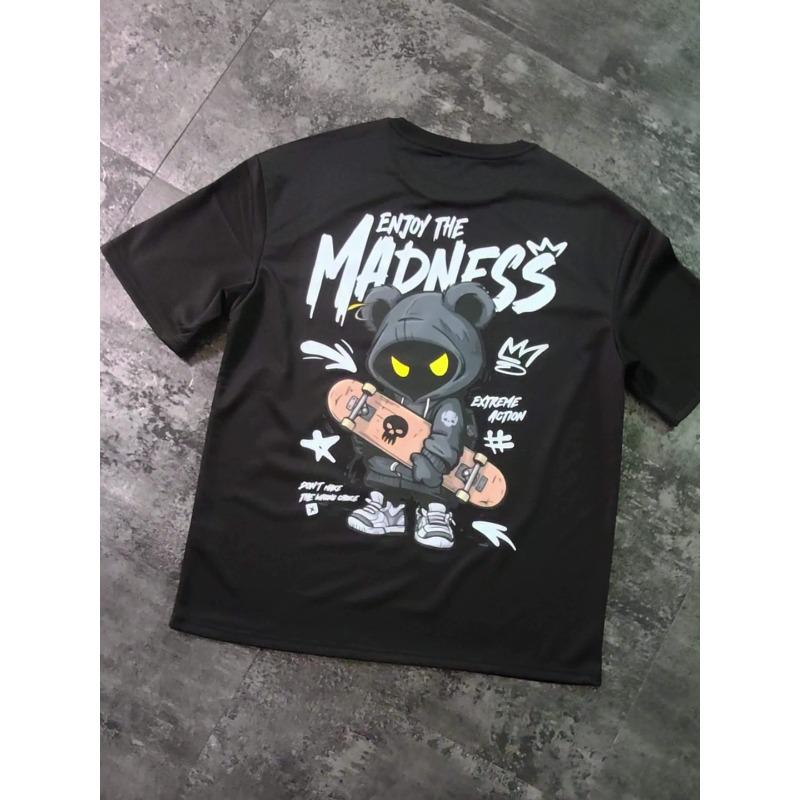 European Sizes Enjoy the Madness" Cartoon Print, Men's Fashion Street Casual Short Sleeve T-Shirt Comfortable Crew Neck Top for Spring and Summer