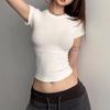 Women Round Neck Solid Ribbed High Stretch Short Sleeve Tight Fit Sexy Basic Tee Figure Flattering Casual Layering Top