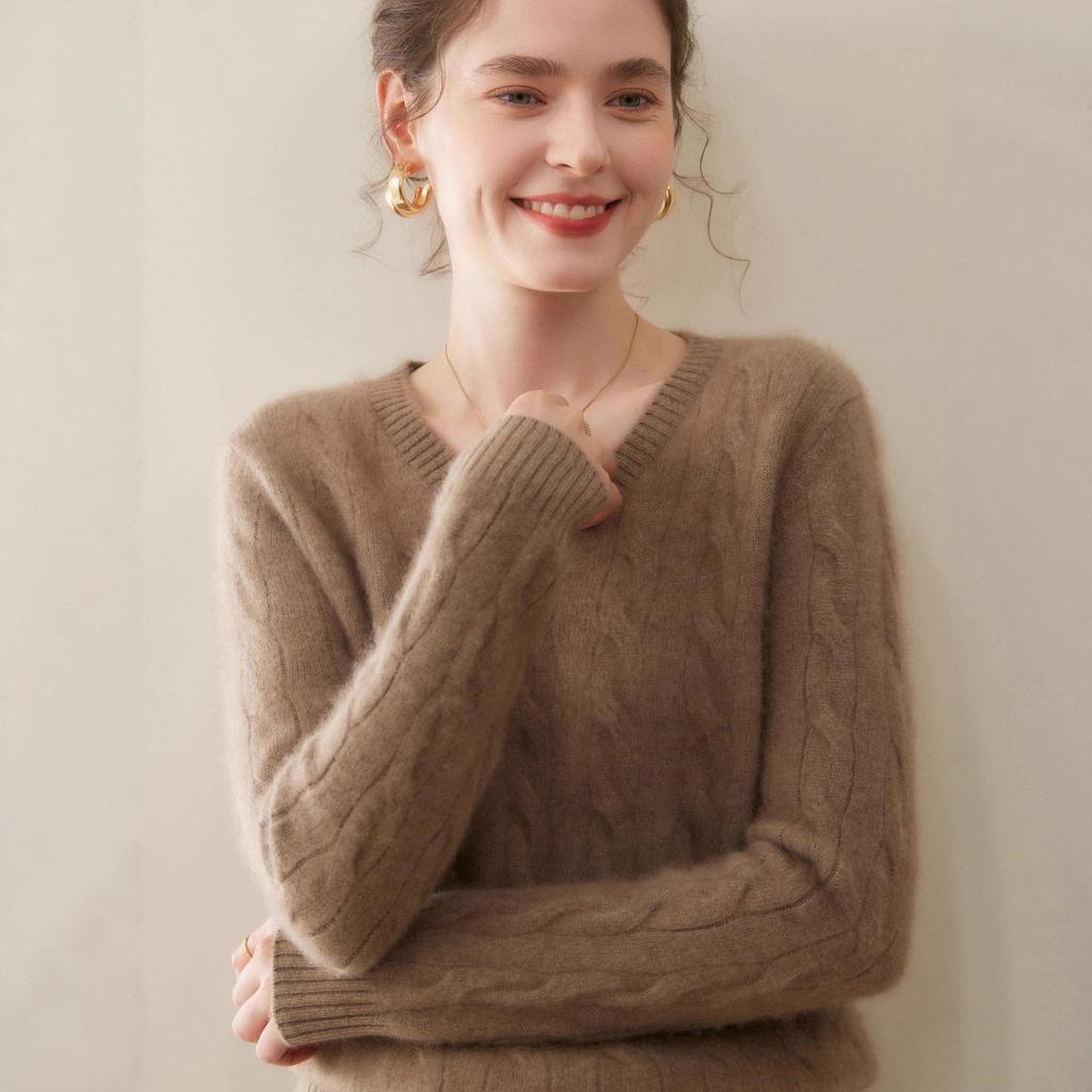 Women’s Cashmere V-Neck Knit Sweater - 2025 Autumn/Winter Collection, Double-Strand, Thickened, Short, Pure Color, Warm Base Layer.