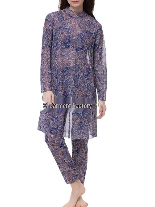 Three-Piece Sun Protection Swimsuit Set: Printed Split Design, Long Sleeve Top, Long Pants