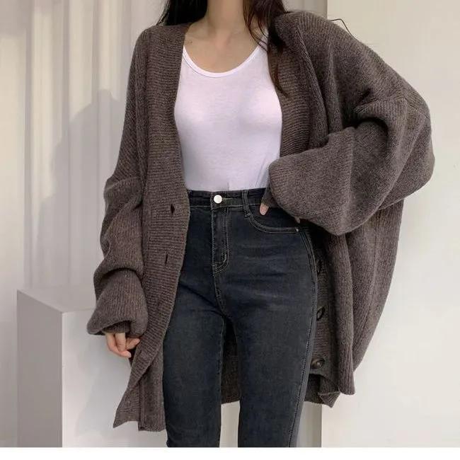 Cardigan Sweater Coat Women Knitted Jackets Autumn Winter Fashion Female Long Sleeve V-neck Loose Casual Sweaters Cardigans
