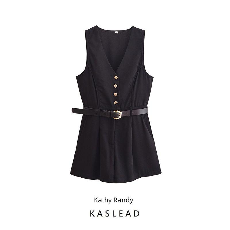 Kaslead New Arrival Women's Clothing Fashion Style Fashion Minimalist V Neck with Belt Short Jumpsuit 3897161