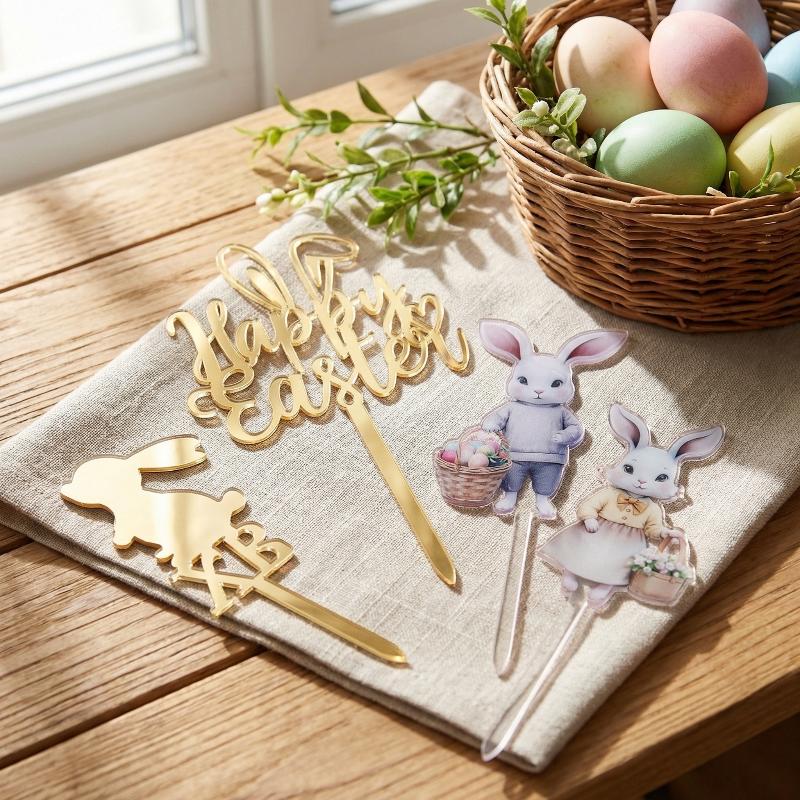 Colored Rabbit Easter Happy Cake Topper Dessert Decorations Gold Acrylic Kids Party Festival Cake Toppers Easter Baking Supplies