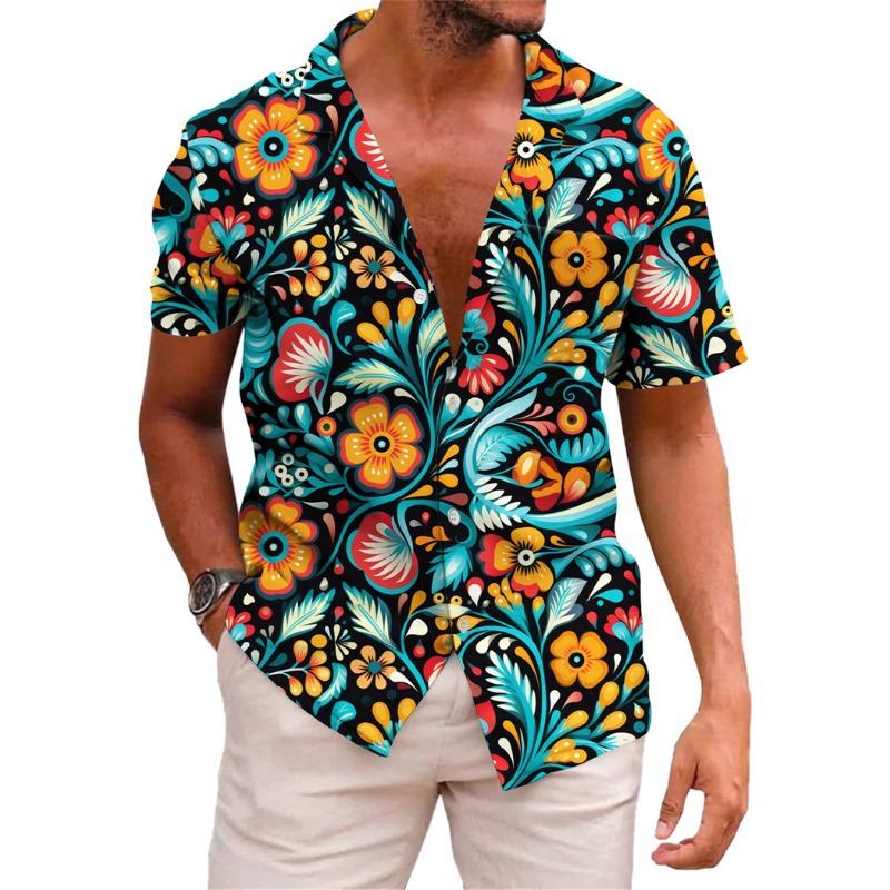 Hawaiian Mens Shirts Lapel Short-Sleeved Shirt Mexican Style Clothing Casual Loose Button-Down Shirt Mens Clothes Harajuku Tops